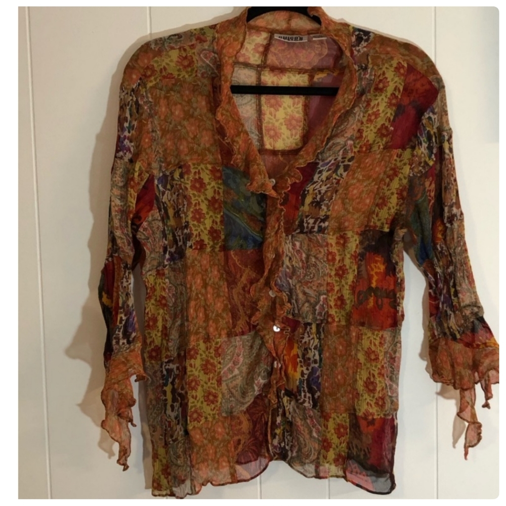 Chico's Design Whimsy Goth Silk Patchwork Button … - image 5